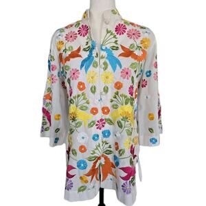 Vtg 70s Boho Embroidered Floral Mandarin Collar Hippie Chuchi Tunic Blouse Sz M
